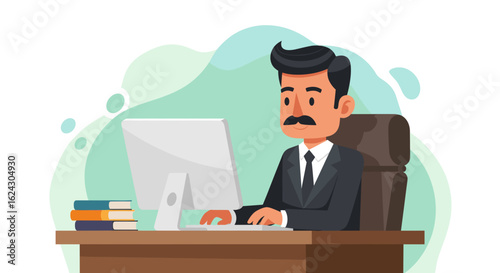 Illustration of a businessman working on his computer, perfect for business websites and presentations.