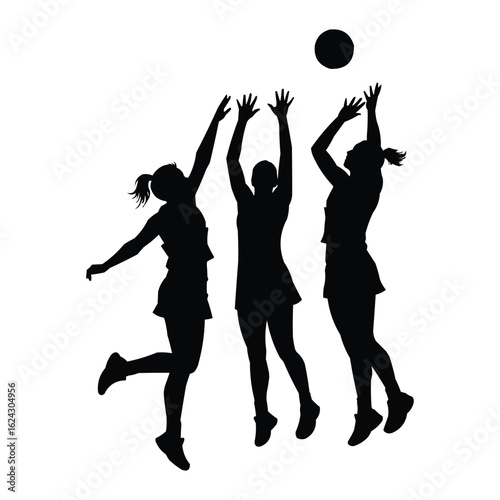 Three Female Netball Players in Action Silhouettes
