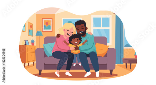 Happy diverse family cuddling on a couch, perfect for family blogs, websites, or brochures.