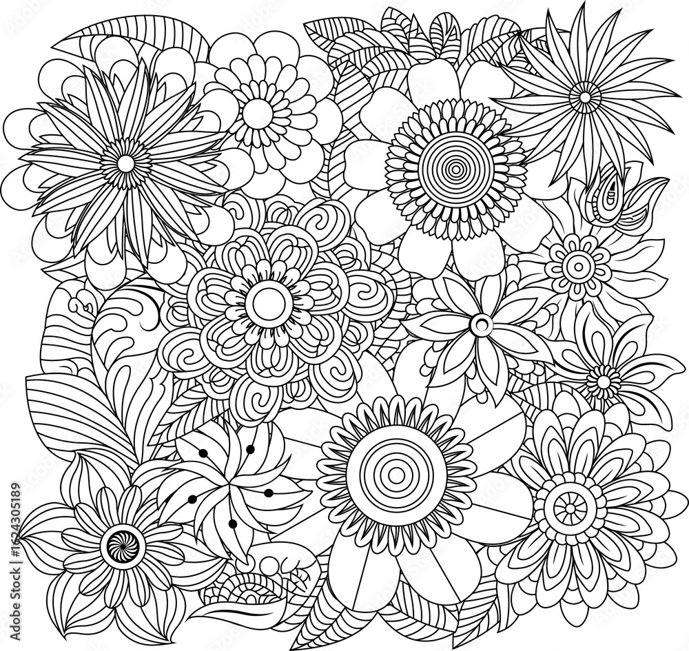 Fototapeta premium Intricate line art floral design bursting with detailed flowers and leaves for coloring or decoration