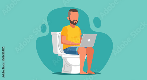 Man working on laptop while sitting on toilet - humorous illustration for website or blog post.
