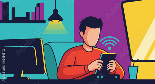 Person working from home using smartphone and computer, perfect for remote work blogs and articles.