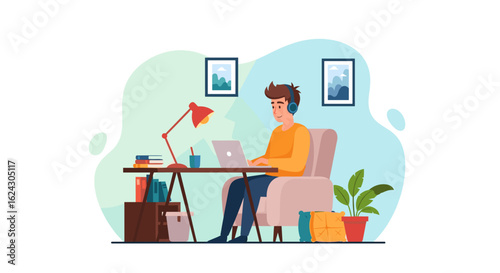 Young man working from home on laptop, perfect for blog posts about remote work, productivity, or online learning.