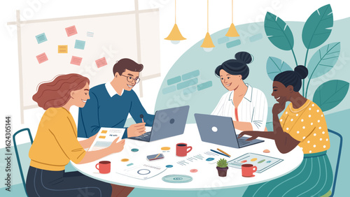 Diverse team brainstorming ideas around a table, perfect for illustrating collaboration and teamwork on a website or presentation.