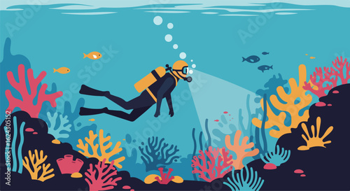 Diver exploring coral reef underwater. Fish swim in background. Marine life study