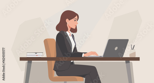 Businesswoman working on laptop at desk - perfect for website banners, brochures, or marketing materials.