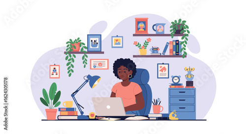 Woman working from home at her laptop, surrounded by plants and books - perfect for remote work, freelance, or work-life balance content.