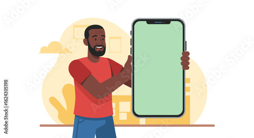 Happy man presenting a large smartphone with a blank screen, perfect for app showcases or website mockups.
