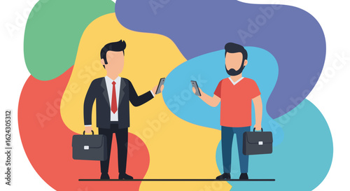 Two businessmen exchanging information via smartphones, perfect for a business or technology website or presentation.