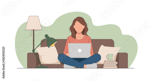 Woman working from home on laptop, cozy living room setting. Ideal for blogs, websites, and articles about remote work.