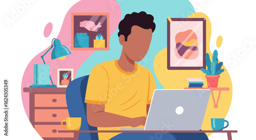 Person working on laptop at home office. Illustration for website banner, blog post, or social media.