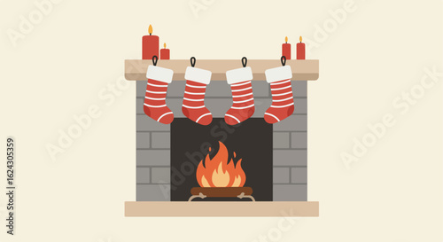 Stockings hang on mantel above fireplace with burning fire and lit candles