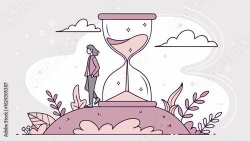 Hourglass time management concept with woman and sand timer for productivity and deadline illustration
