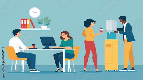 Modern office workers collaborating, using computers and taking breaks. Perfect for illustrating teamwork, productivity, and workplace culture.