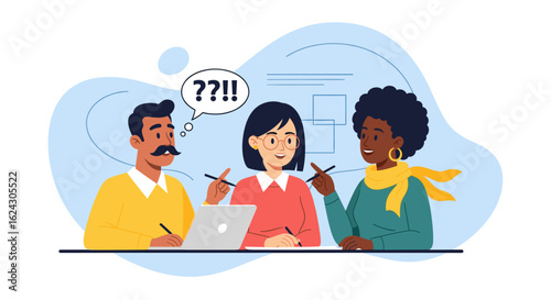 Diverse team brainstorming ideas around a laptop; perfect for project management or teamwork concepts.