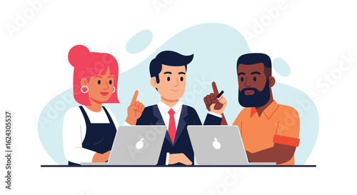 Diverse team brainstorming ideas on laptops, perfect for website banners or business presentations.