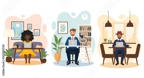 Diverse professionals working remotely from home, cafe, and office; perfect for illustrating remote work, work-life balance, or diversity in the workplace.