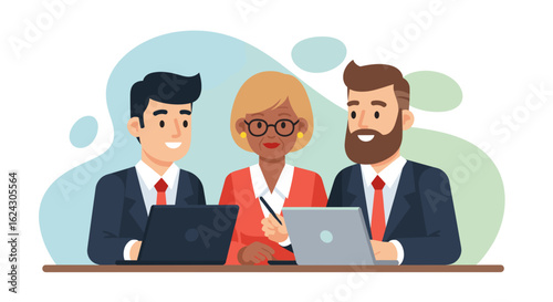 Diverse business team collaborating on laptops, ideal for website banners or presentations.