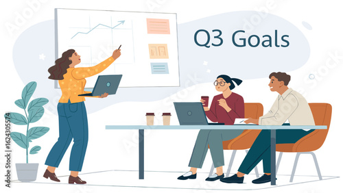 Team brainstorming Q3 goals, illustrated for presentations and reports.
