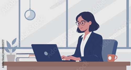 Businesswoman working on laptop in modern office, ideal for website banners or presentations.