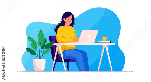 Woman working on laptop at home office, perfect for website banners or blog posts about remote work.