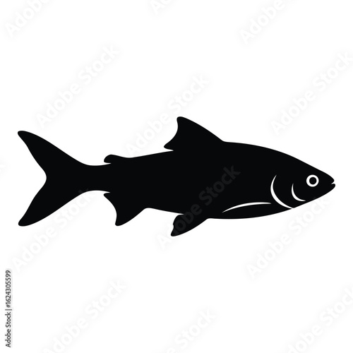 Black silhouette of a fish on a white background isolated