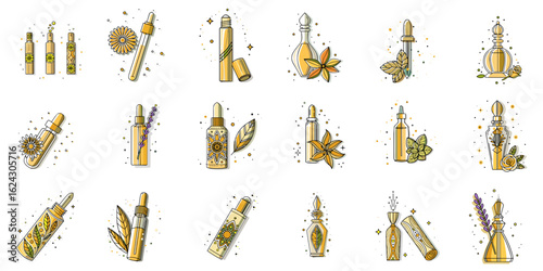 Bottles and vials for aromatherapy icon set for blogs, websites, clipart, wellness, spa, beauty, education, awareness, presentations