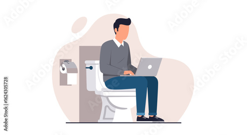 Man working on laptop while sitting on toilet - Illustration for articles about work-life balance, productivity, or humor.