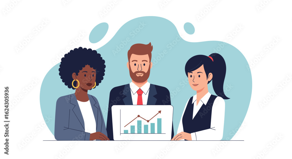 Diverse business team reviewing growth chart, ideal for website banners or presentations. Diverse business team reviewing growth chart, ideal for website banners or presentations.