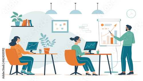 Modern office workers collaborating and analyzing data; ideal for business presentations and reports.