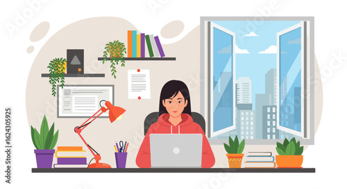 Woman working from home at her laptop, perfect for illustrating remote work, freelance, or online business concepts.