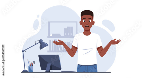 Confused young man at his desk, perfect for websites or articles about problem-solving, troubleshooting, or help.