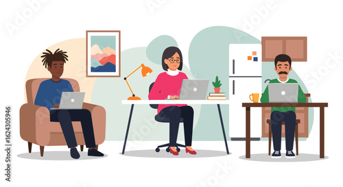 Diverse team working remotely from home, perfect for illustrating remote work, collaboration, or work-life balance.