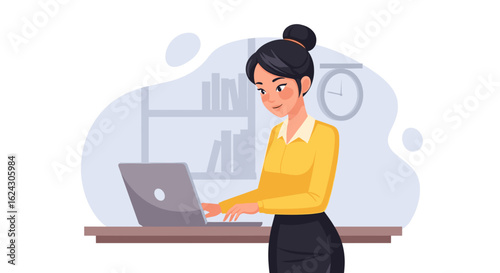 Young businesswoman working on laptop, perfect for website banners, business presentations, or marketing materials.