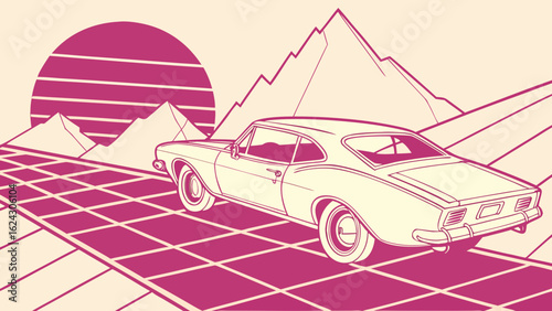 Retro car illustration eighties style vintage vehicle mountains and sunset driving on road artwork design