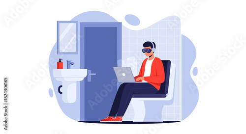 Man working on laptop in bathroom,  illustration for articles about work-life balance or remote work.