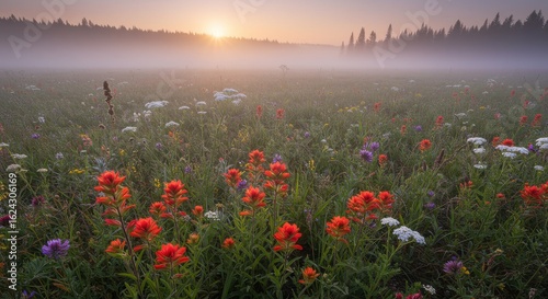 Vibrant Wildflowers Blooming in a Misty Meadow at Sunrise with Soft Clouds and Scenic Landscape