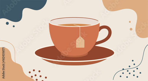 Tea cup with tea bag on a saucer against neutral abstract art background for a blog