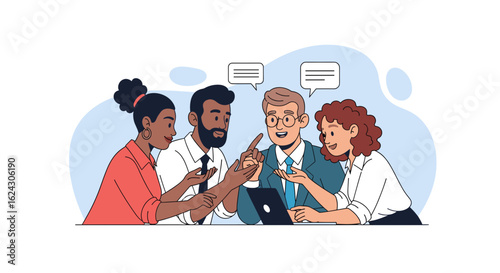 Diverse team brainstorming ideas around a laptop, perfect for website banners or presentations.