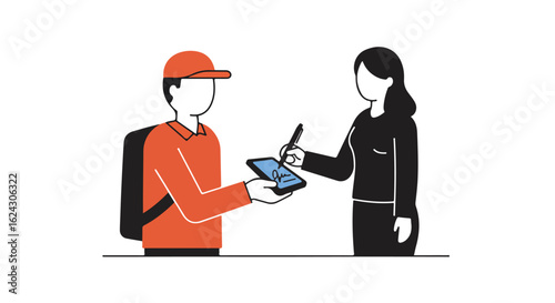 Courier delivery, signature on digital tablet by customer, transaction, use for business