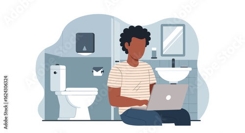Man working on laptop in a modern bathroom - perfect for articles about remote work, work-life balance, or modern interior design.