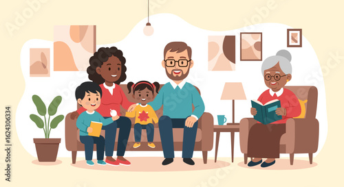 Happy multigenerational family spending time together at home, perfect for family, togetherness, and home concepts.