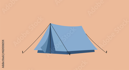 Blue tent set up outdoors, ready for campers in simple cartoon graphic illustration