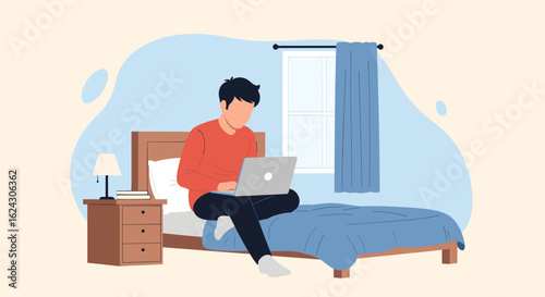 Man working on laptop in bed, perfect for illustrating work from home, remote work, or freelance lifestyle concepts.