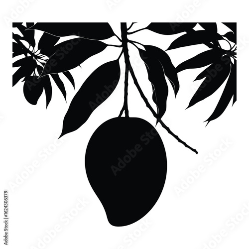 Black silhouette of a ripe mango hanging from a branch with leaves