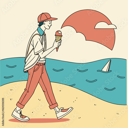 A man in casual wear holding ice cream and walking near the shore 