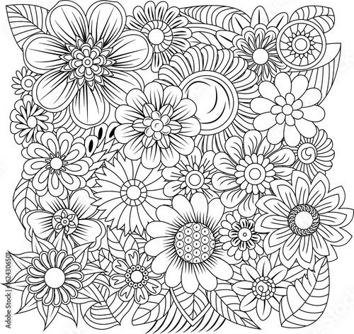 Intricate detailed floral outline drawing of many assorted flowers for coloring