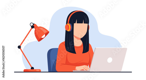 Woman working from home on laptop, wearing headphones; perfect for blog posts, websites, and social media.