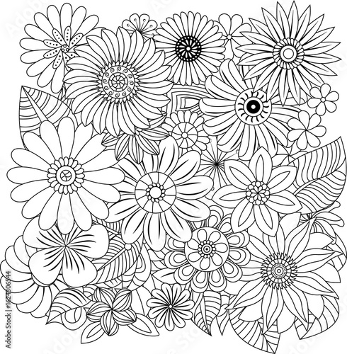 Wallpaper Mural Detailed outline drawing of a dense arrangement of daisy-like flowers petals and centers Torontodigital.ca