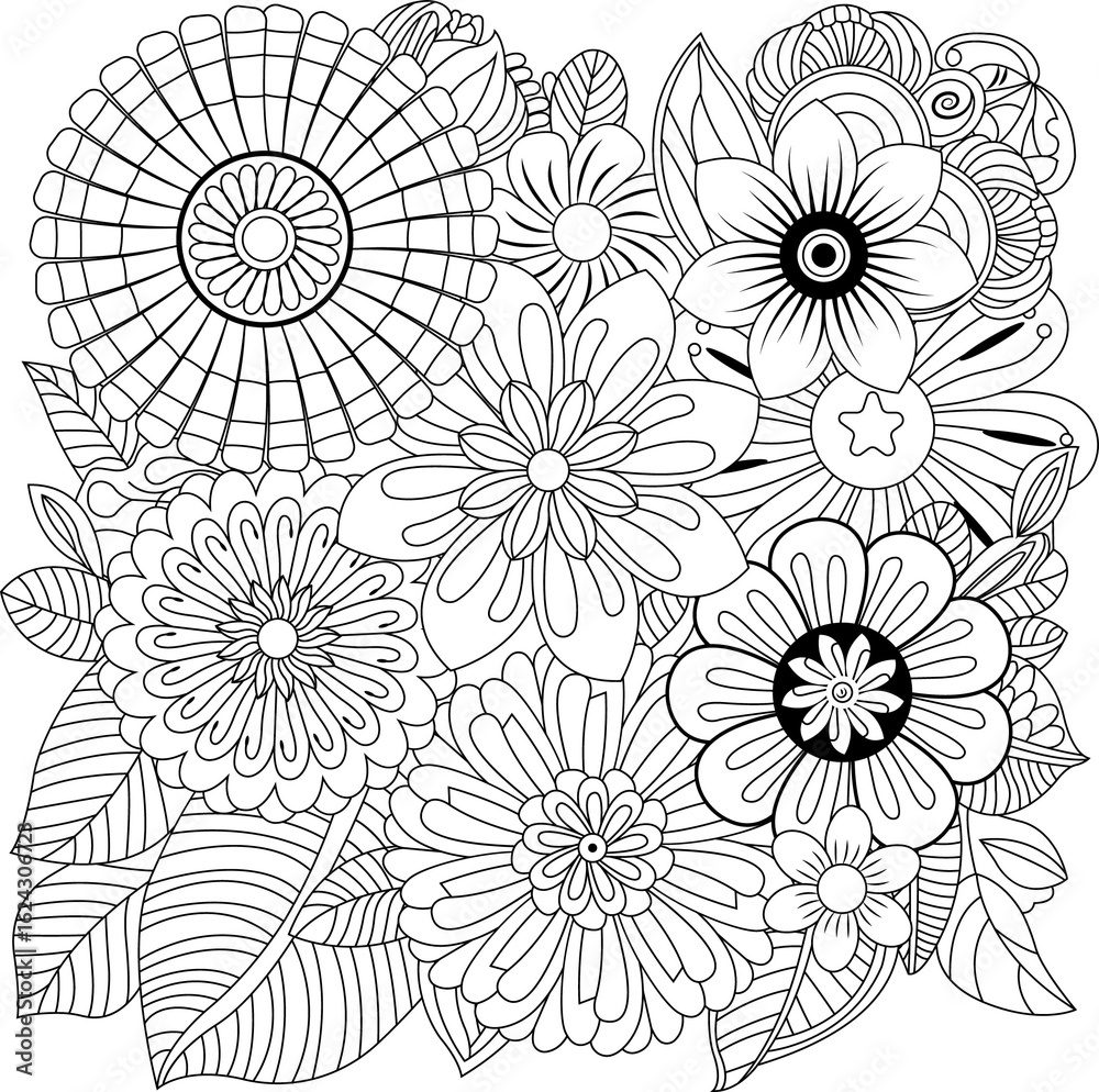 Fototapeta premium Intricate floral pattern coloring page detailed outline design for relaxation and creativity